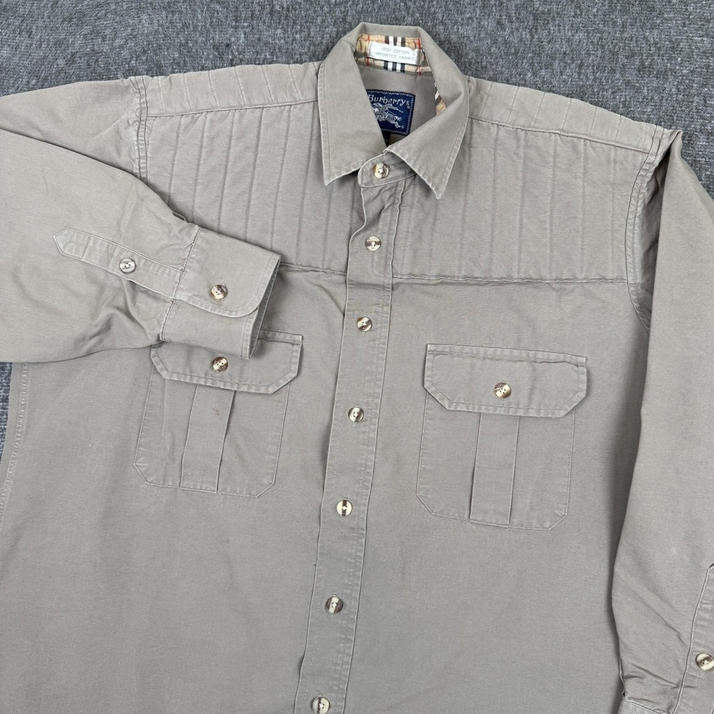 VINTAGE Burberrys Shirt Mens Large Khaki Cotton Quilted Yoke Field Made USA 90s